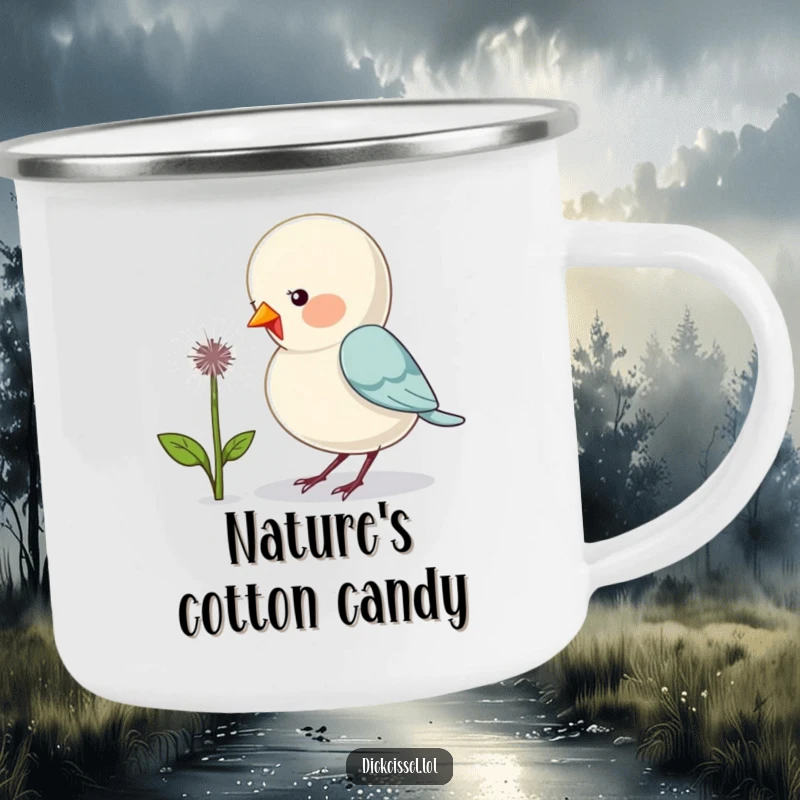 Funny camping mug with a cute bird humorously pecking a dandelion puff, perfect for sipping outdoors.