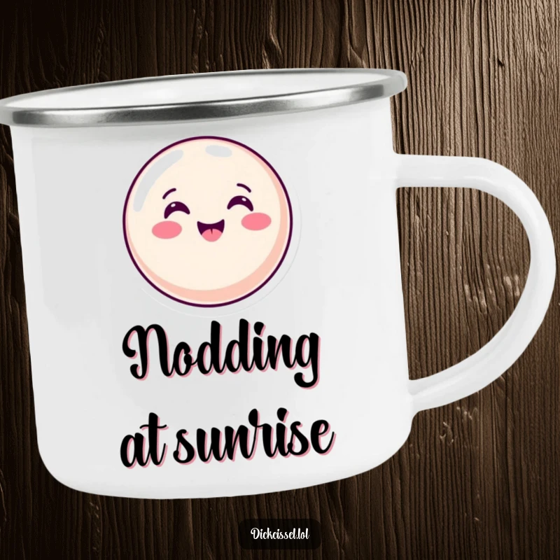 Funny Camping Mug showcasing a cheerful candy button giving an enthusiastic nod, perfect for outdoor enjoyment and spreading positivity.