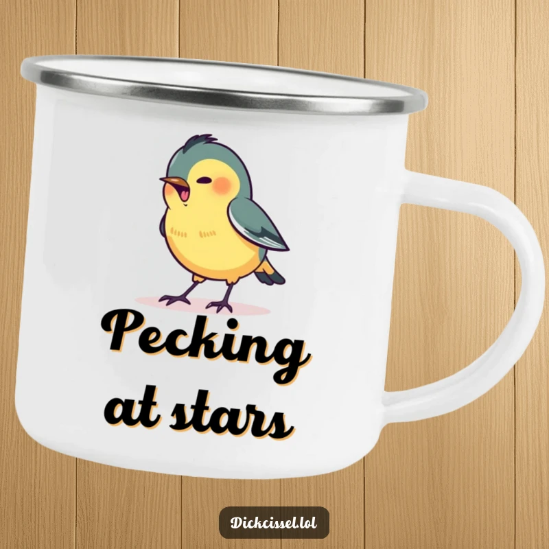 Funny enamel camping mug featuring a stylized dickcissel bird excitedly pecking at a tiny, glowing dot.