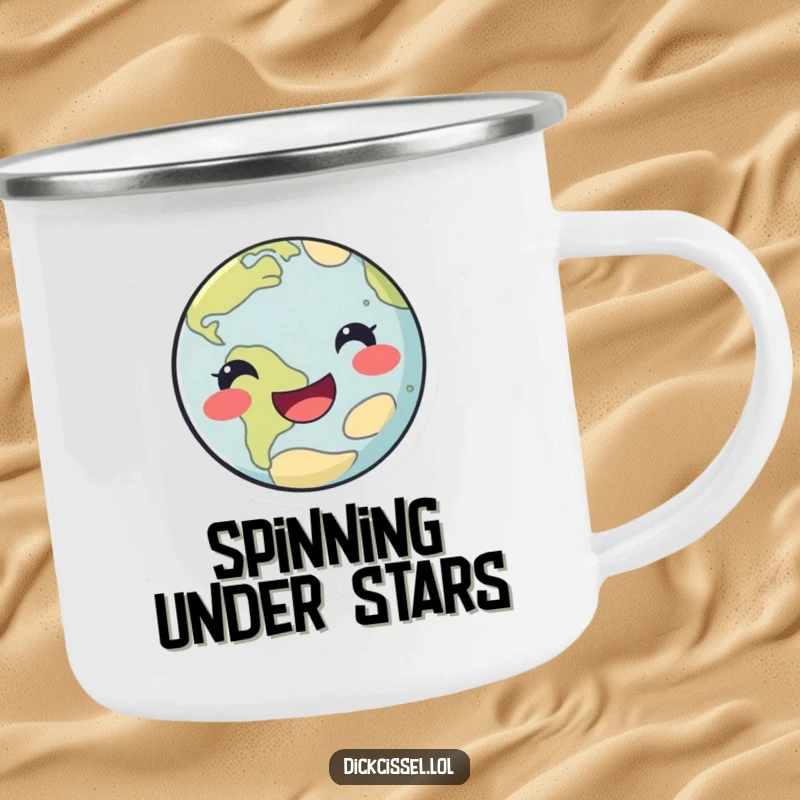 Funny happy planet camping mug featuring a cheerful planet in a playful spin, ready for adventures.