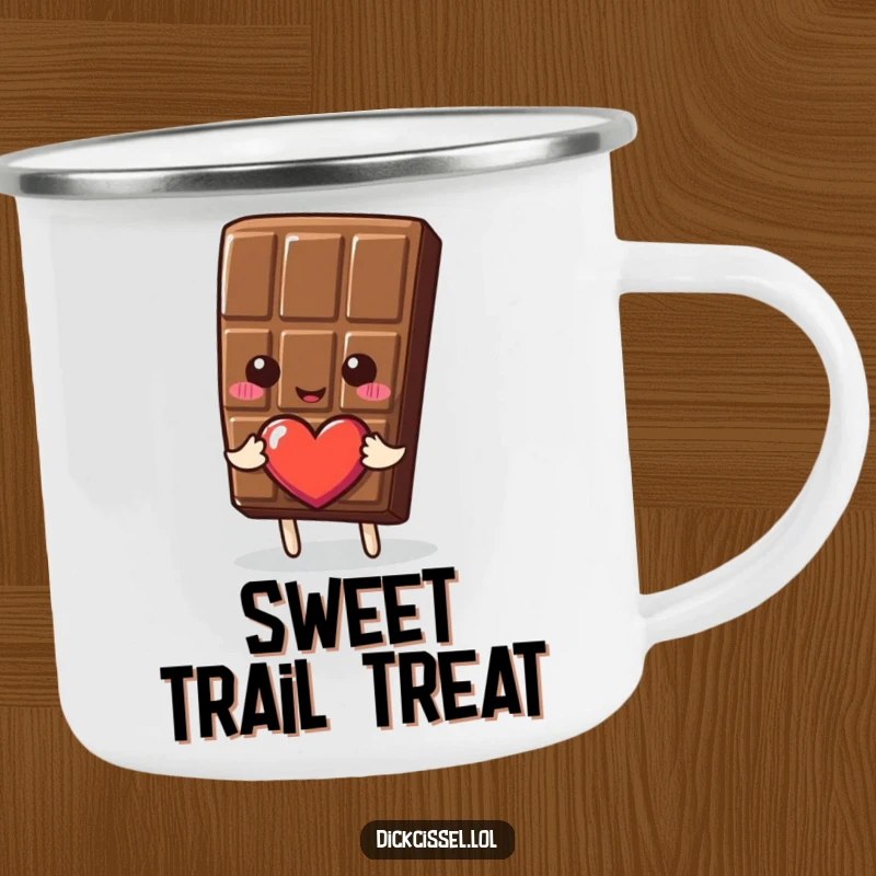 Funny Camping Mug showcasing a generous chocolate piece offering a heart, perfect for outdoor enjoyment and spreading love.