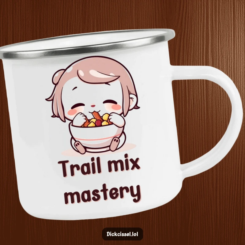 Funny character stuffing its cheeks with snacks from a bowl on a sturdy camping mug, ideal for enjoying nature and tasty treats.