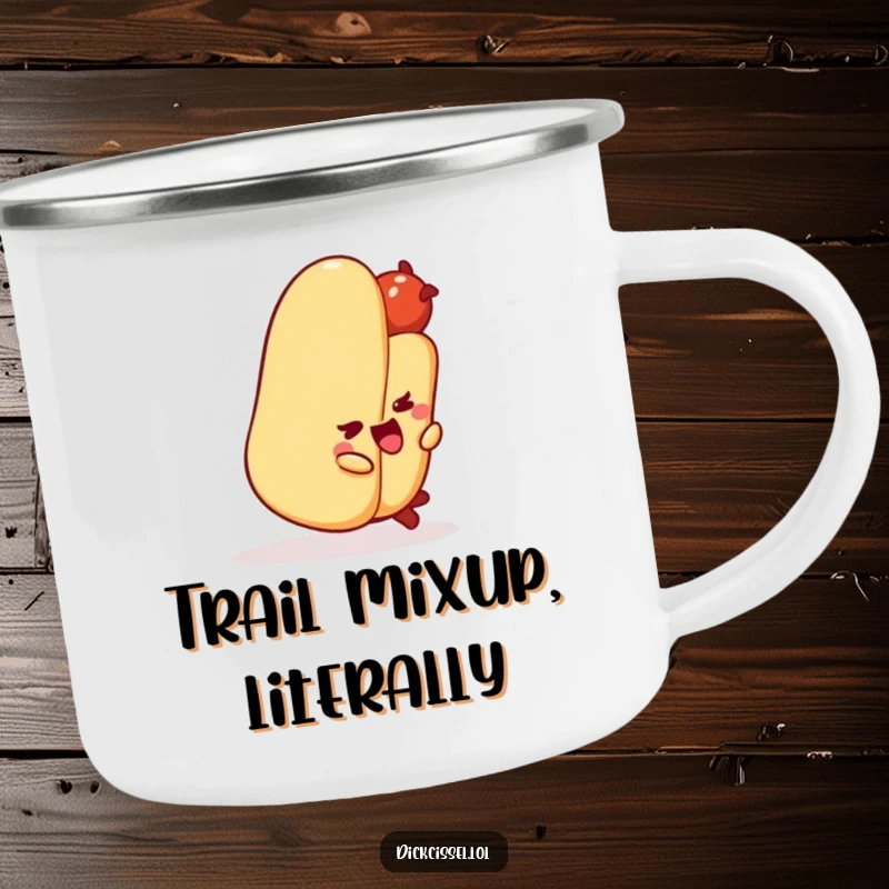 Funny hot dog character tripping over its bun on a sturdy camping mug, ready for outdoor laughs.