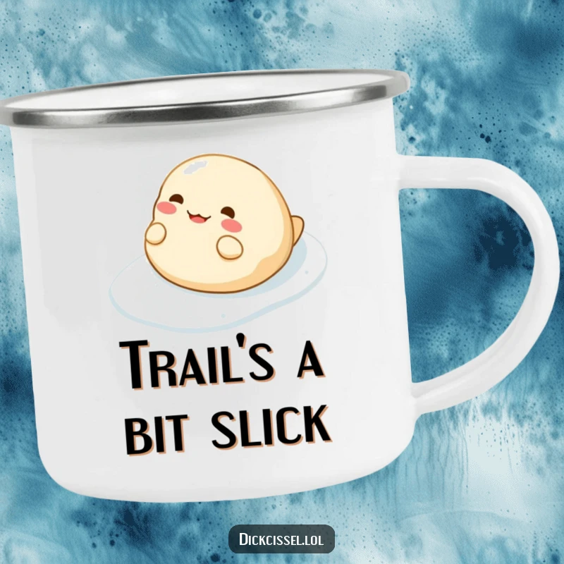 Funny camping mug featuring a cheerful dumpling character sliding with joy on a slippery surface, ideal for adventurers.