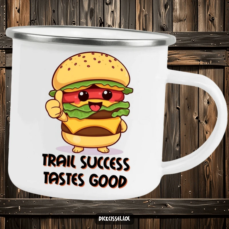 Funny Camping Mug featuring a happy burger character giving a thumbs up, durable for outdoor use and spreading foodie cheer.
