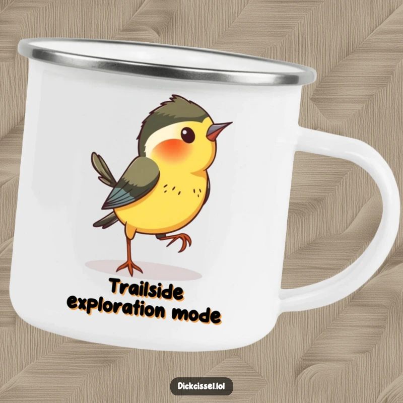 Funny Dickcissel Bird Camping Mug: A dickcissel bird hopping sideways with curiosity, ready for your next outdoor escapade.