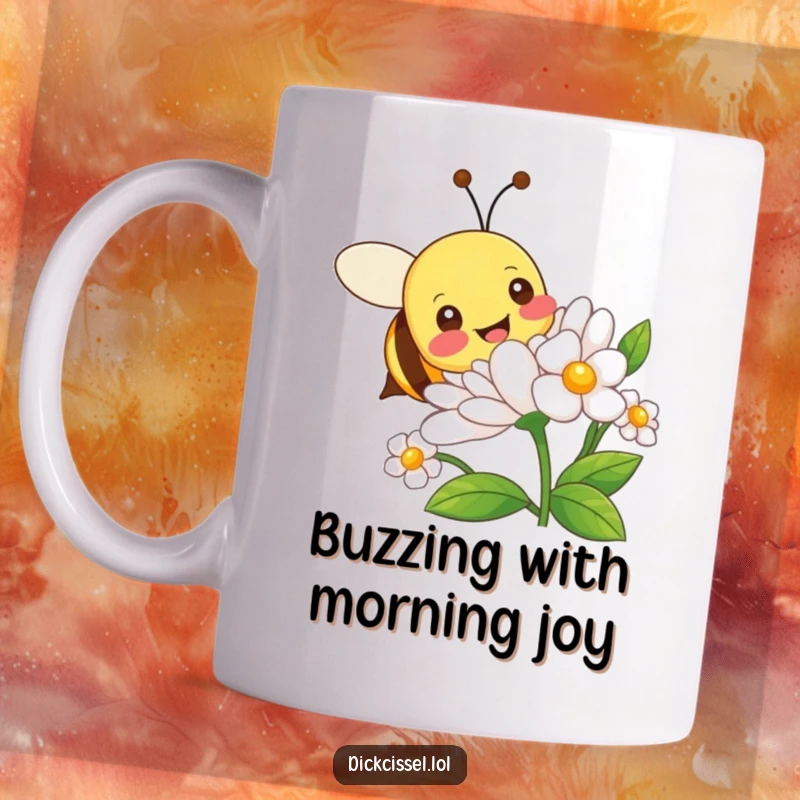 Funny mug featuring a happy bee character with outstretched wings, joyfully buzzing around a vibrant flower.