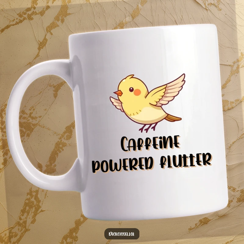 Funny mug featuring a tiny bird energetically flapping its wings, appearing to hover mid-air with excitement.