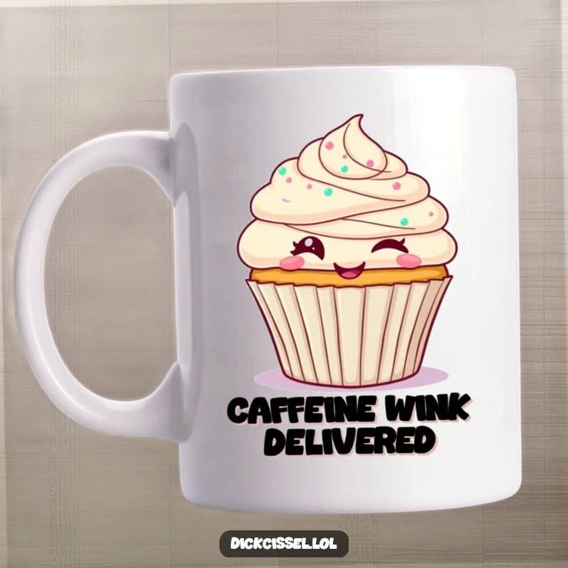 Funny cupcake mug with a frosted cupcake character giving a happy, delighted wink, ideal for a sweet and playful gift.
