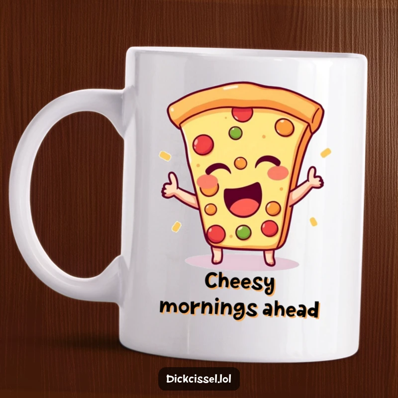 Funny mug with an excited slice of pizza giving a happy, sly wink, spreading delicious humor.