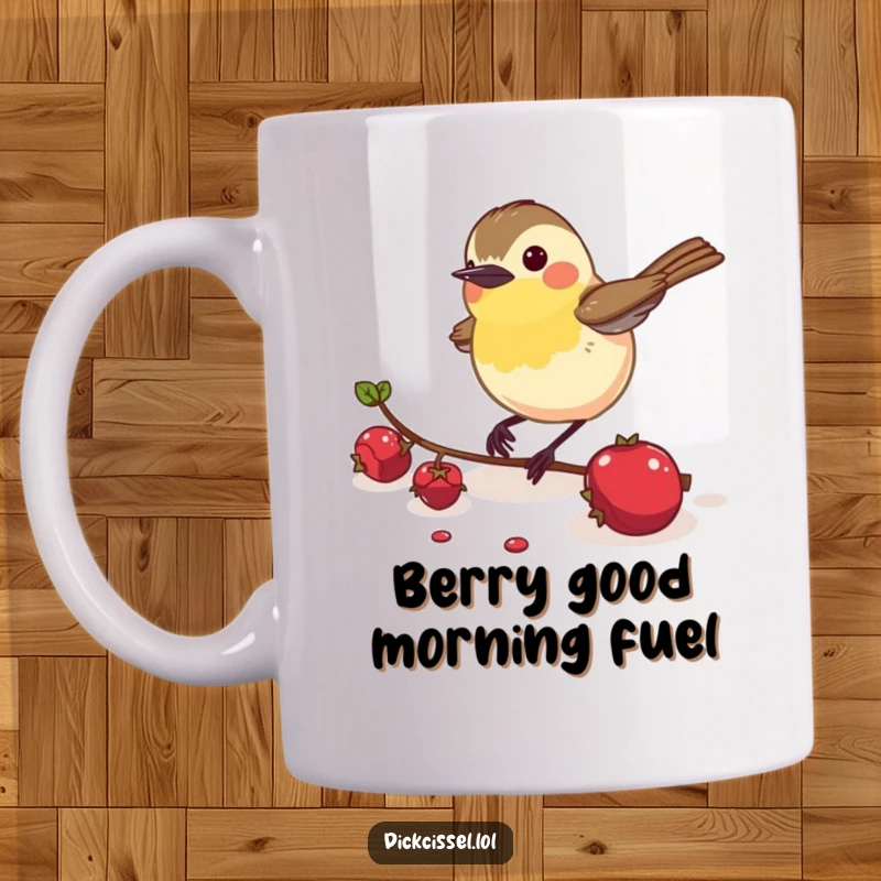 Funny Dickcissel Bird Mug: An energetic dickcissel bird enthusiastically pecking at a ripe, fallen berry.