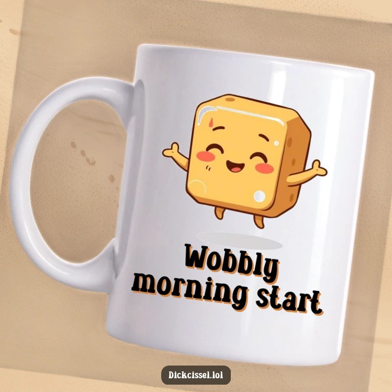 Funny Mug depicting a cheerful caramel cube doing a wobbly, happy dance, full of infectious energy and sweet delight.