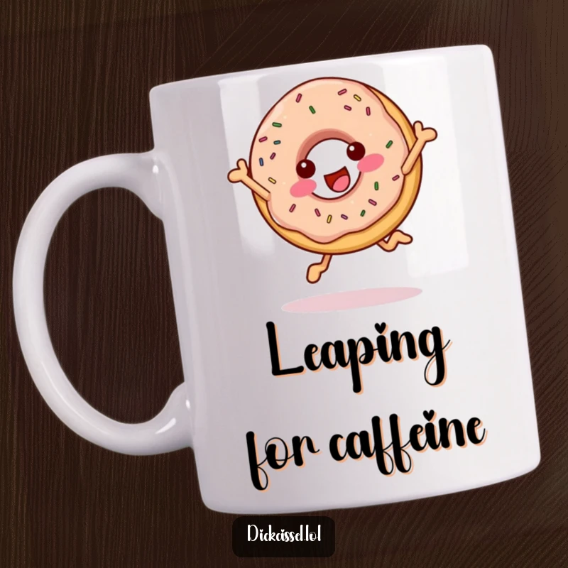Funny cheerful donut leap mug showing a happy donut mid-air with sprinkles, full of energetic joy and sweetness.