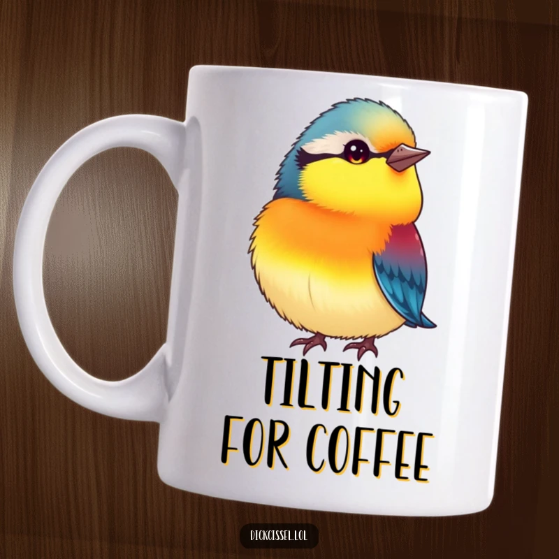 Funny mug featuring a small, plump bird with vibrant colors, tilting its head inquisitively, looking charming and humorous.