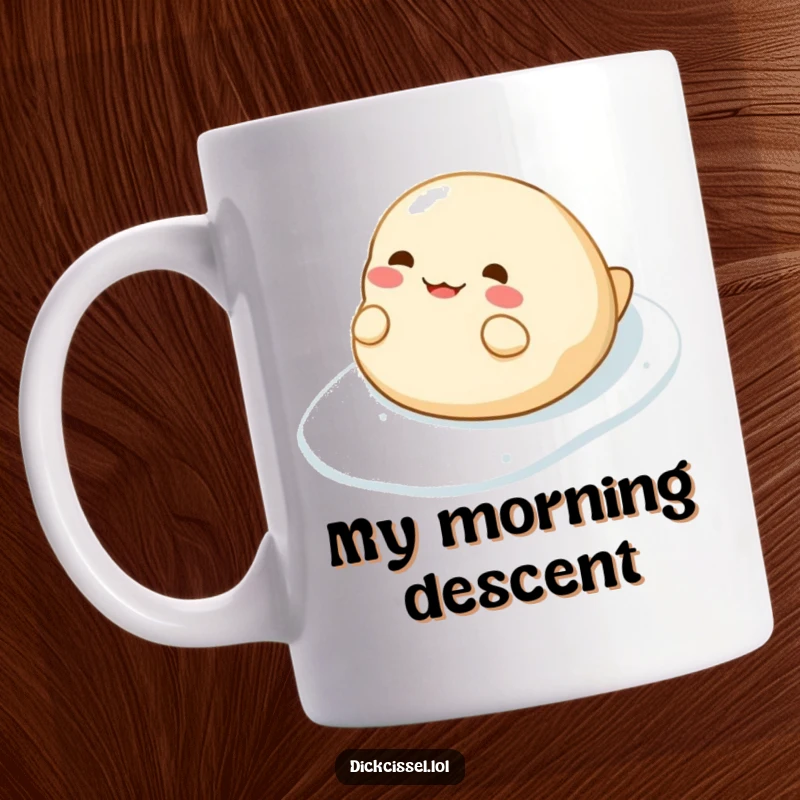 Funny mug featuring a cheerful dumpling character joyfully sliding down a slippery surface, bringing smiles and laughter.