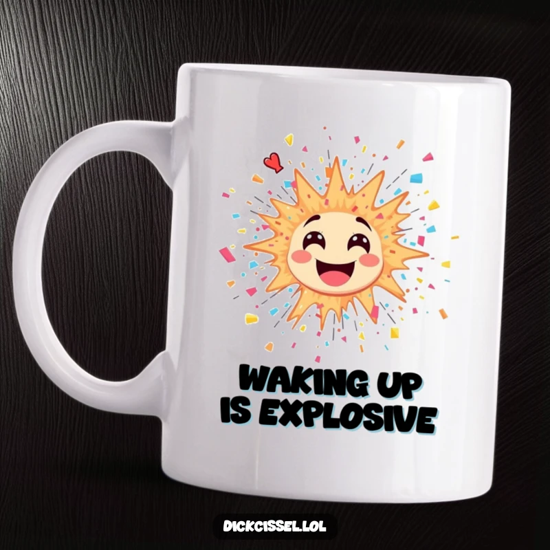 Funny mug design of a colorful sticker depicting a joyful explosion with confetti and streamers bursting outwards.