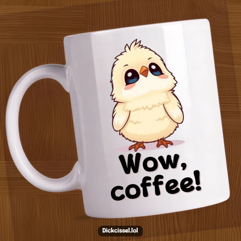 Funny mug featuring a fluffy bird tilting its head up, eyes wide with adorable wonder and curiosity. Cute illustration.