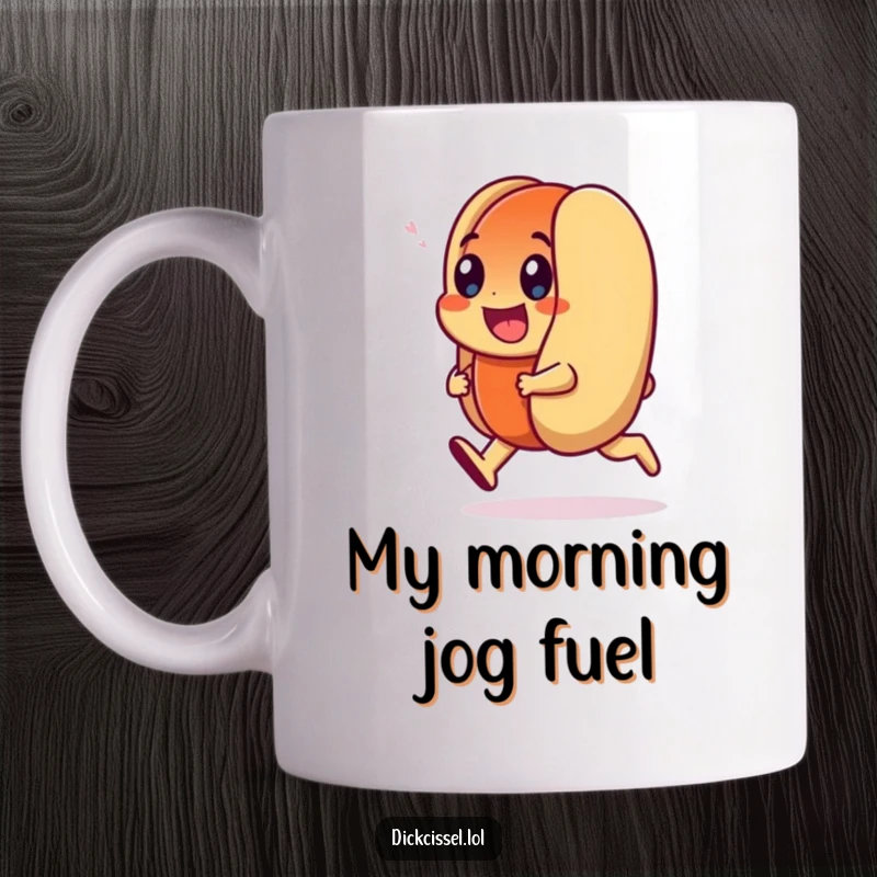 Funny Mug featuring a smiling hot dog character doing a joyful trot, full of energy and happiness.