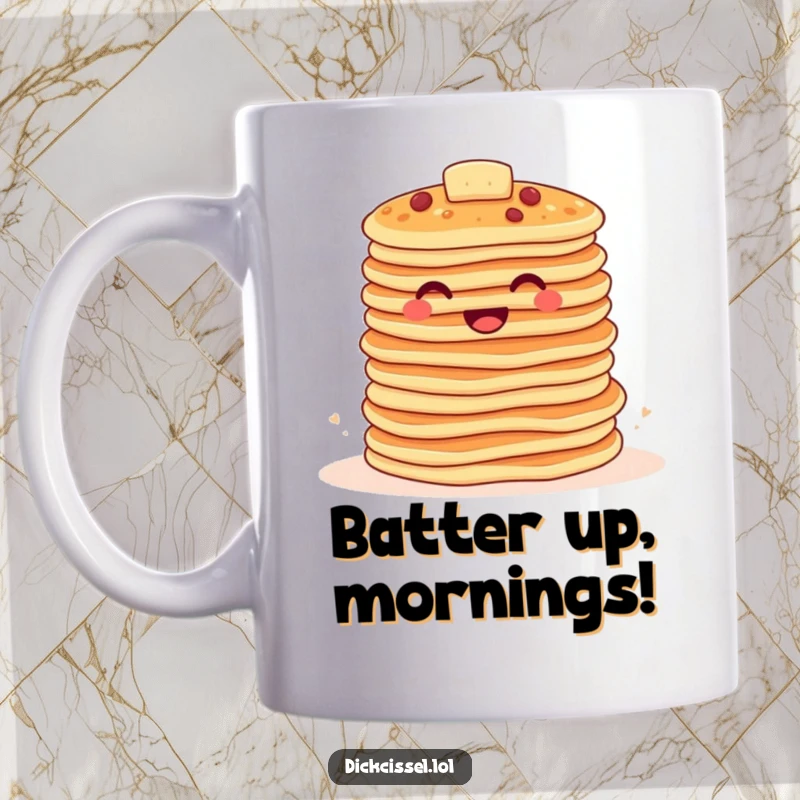 Funny pancake stack mug showing happy pancakes bouncing together, symbolizing breakfast joy and playful energy.