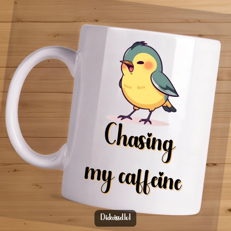 Funny ceramic mug depicting a stylized dickcissel bird excitedly pecking with determination at a tiny, glowing dot.