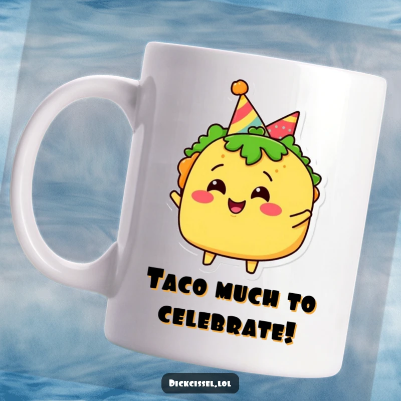 Funny taco character mug wearing a party hat, joyfully celebrating with a festive, fun-loving vibe.