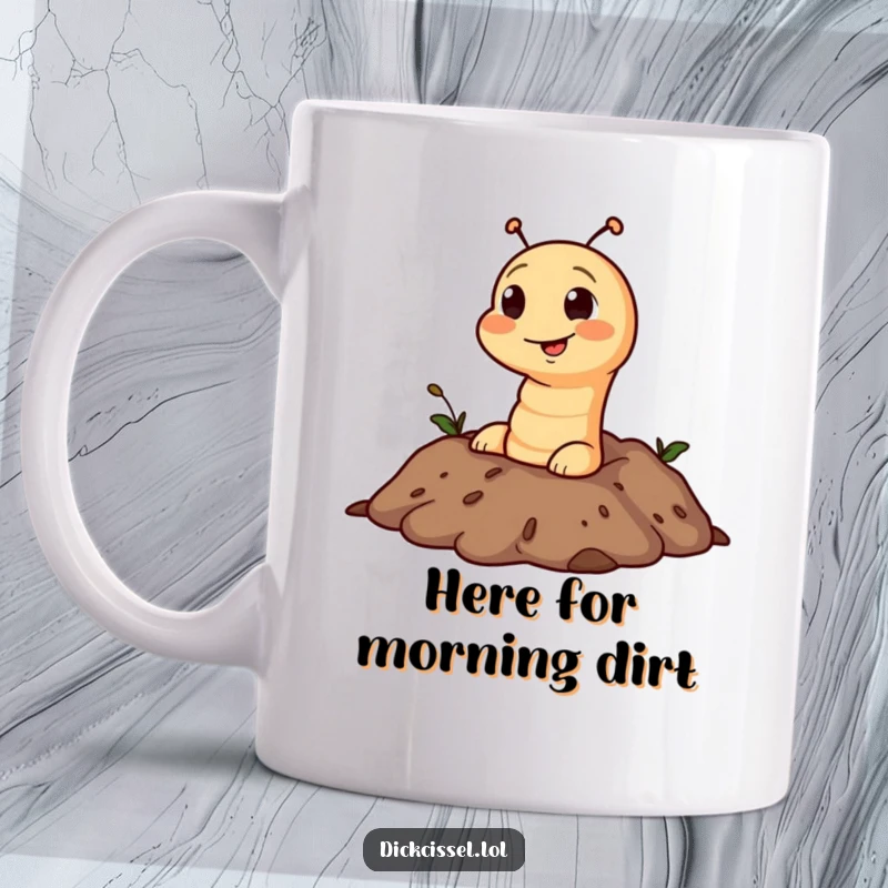 Funny mug featuring a mischievous worm character peeking its head out from a mound of dark soil.