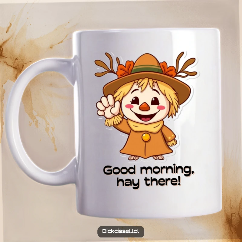 Funny mug featuring a grinning scarecrow character with a straw hat, waving a friendly, welcoming hand.