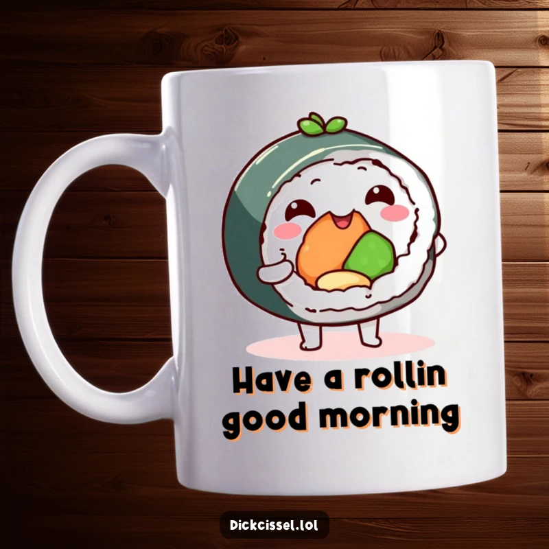 Funny sushi roll mug offering a delectable bite, conveying joy and deliciousness with its cute character. A perfect gift for food enthusiasts.