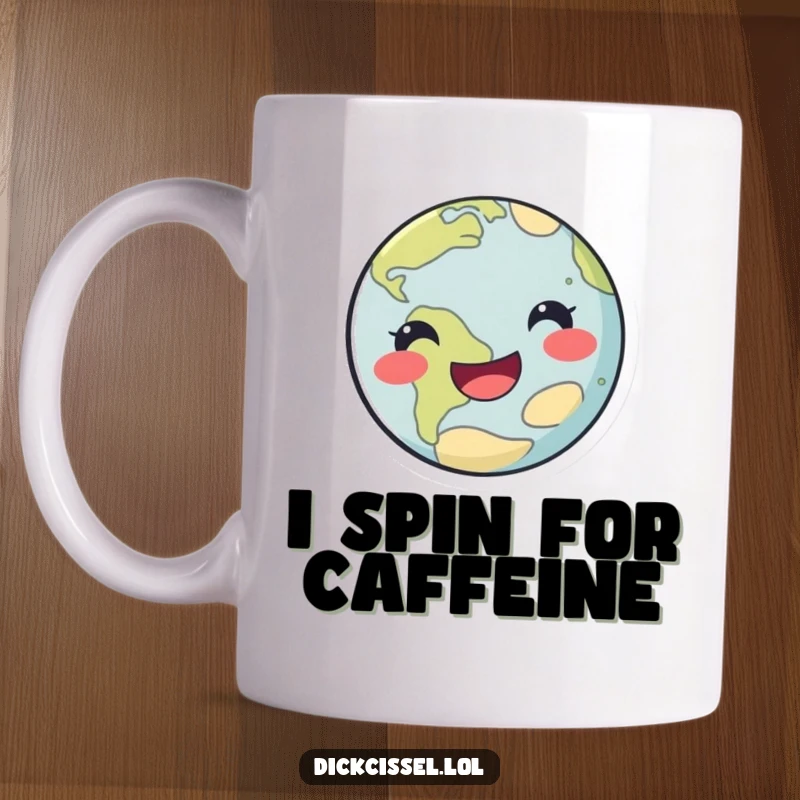 Funny planet mug with a happy face spinning playfully in space, bringing cosmic joy and laughter.