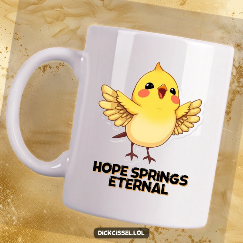 Funny Dickcissel Bird Mug: A joyful dickcissel bird with wings spread, looking up with delight and happiness.