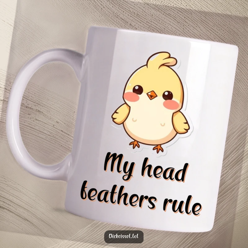Funny ceramic mug featuring a small, cheerful bird character with a signature bobbing feather tuft, looking delightfully happy and full of life.