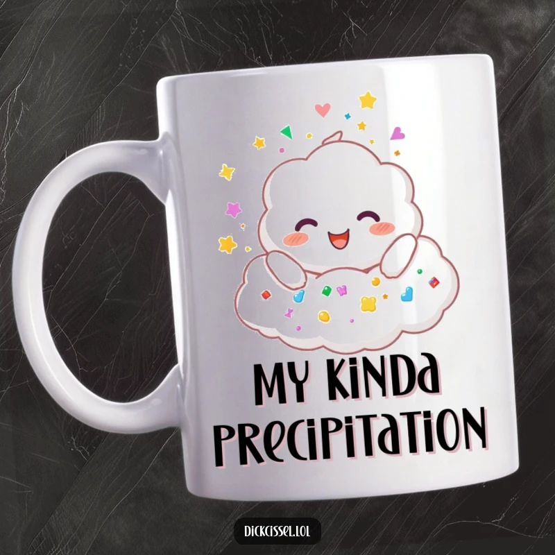 Funny mug illustration of a happy, fluffy cloud character joyfully raining down a stream of vibrant, colorful stickers.