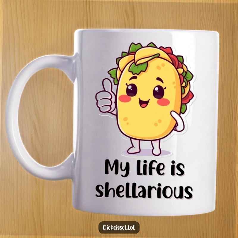 Funny mug with a delighted taco character giving an astonished thumbs up, spreading joy and humor.