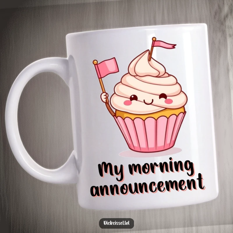 Funny cupcake character mug waving a tiny flag with a joyful expression, spreading happiness and sweetness, ideal for a funny gift.