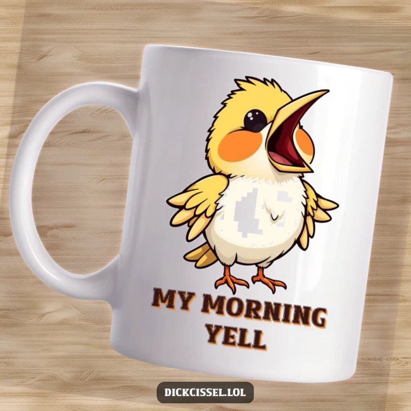 Funny mug featuring a bird dramatically singing opera with its beak wide open, embodying a passionate performance. Amusing illustration.
