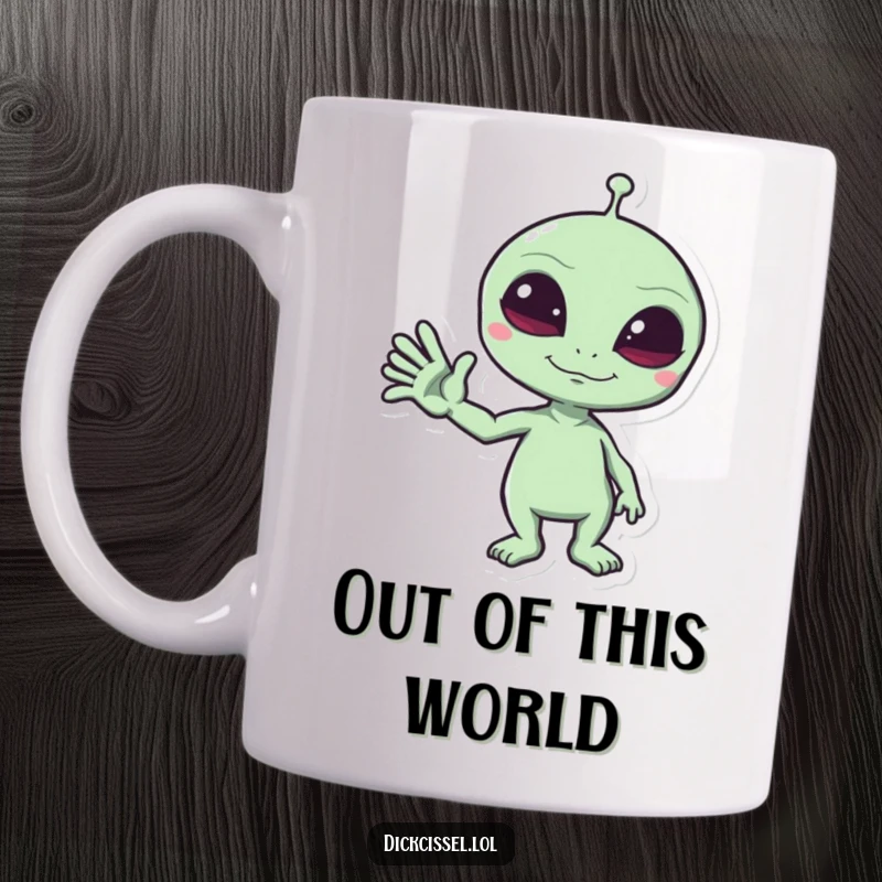 Funny Mug featuring a mischievous alien giving a funny wave, a humorous and out-of-this-world greeting.