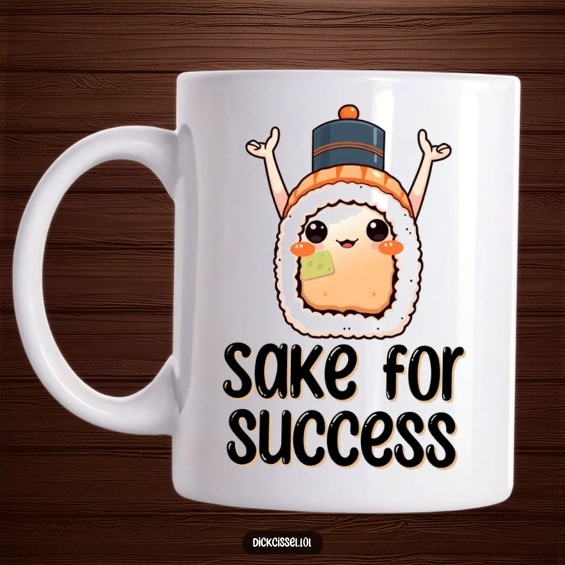 Funny sushi celebration mug featuring a smiling sushi roll with arms raised in joy and a tiny hat, full of festive spirit.