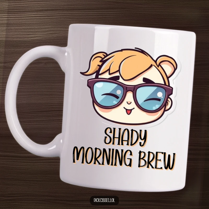 Funny mug illustration of a sticker featuring cool sunglasses winking cheekily, exuding a confident and playful vibe.