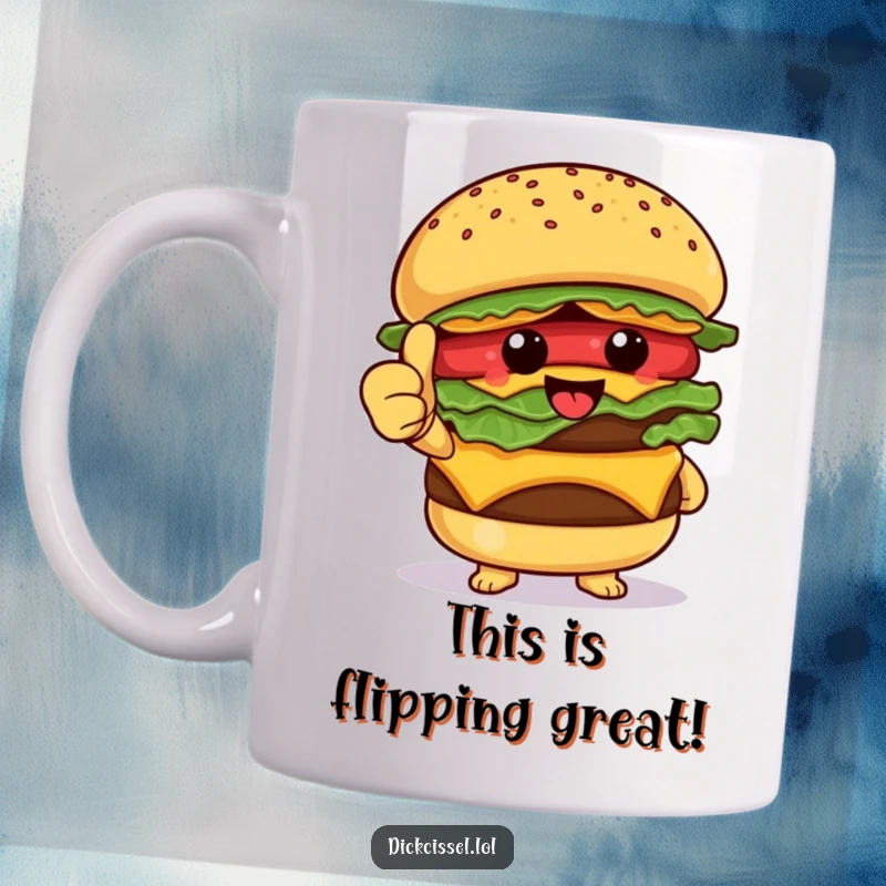 Funny Mug featuring a happy burger character giving a proud thumbs up, radiating positivity and deliciousness.