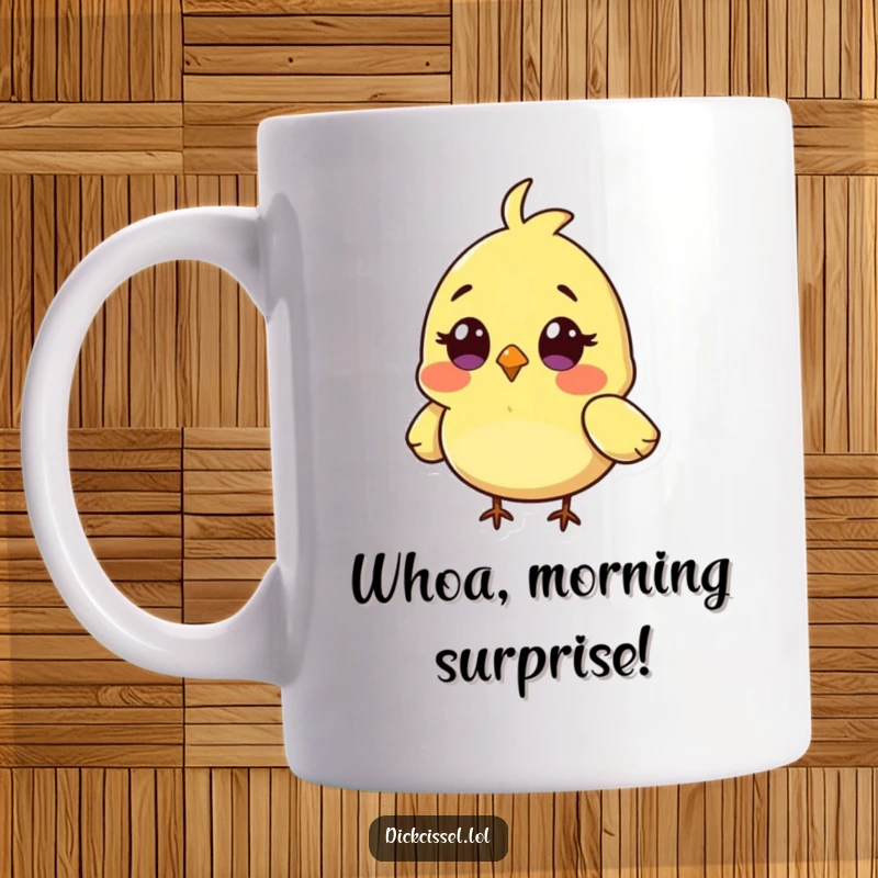 Funny ceramic mug showcasing a tiny bird character with wide, surprised eyes and wings comically askew, mid-reaction.