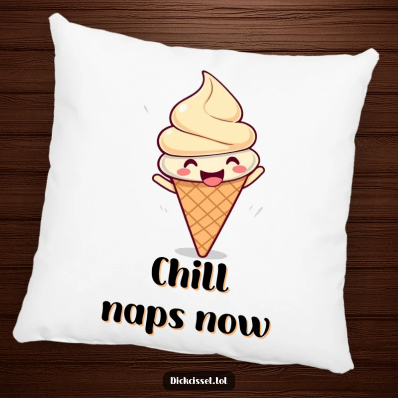 Funny pillow with a gleeful ice cream cone doing a happy spin, providing comfort and a dose of sweet cheer.
