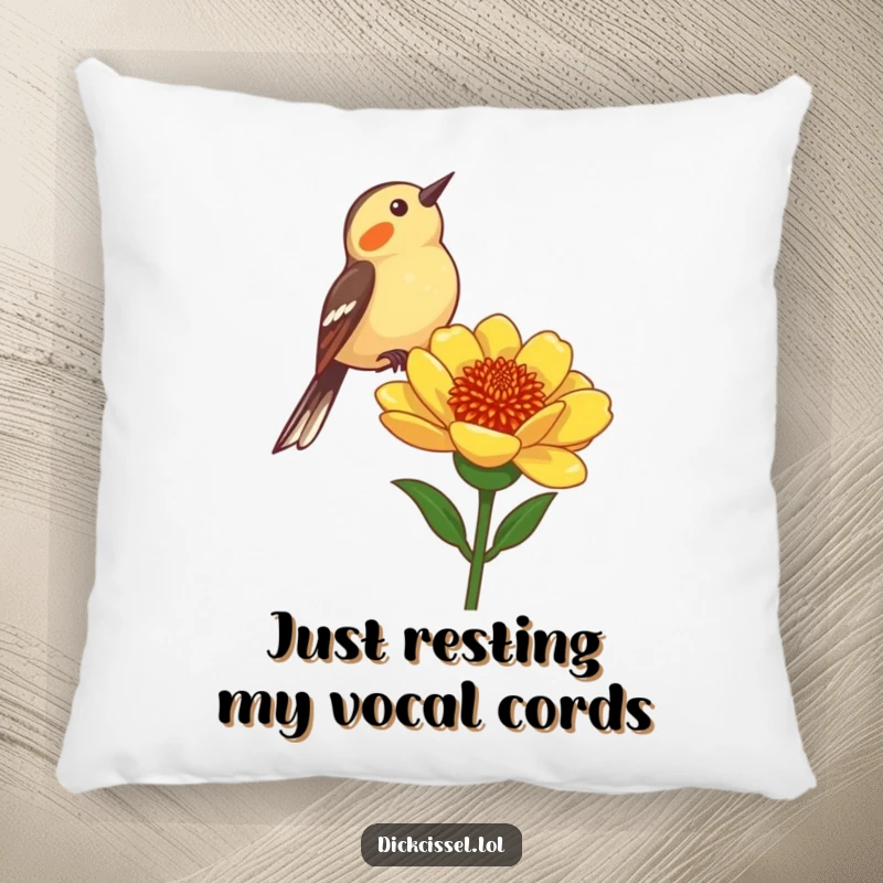 Funny Dickcissel Bird Pillow: A cuddly pillow featuring a cute dickcissel bird chirping from a flower stalk, full of charm.