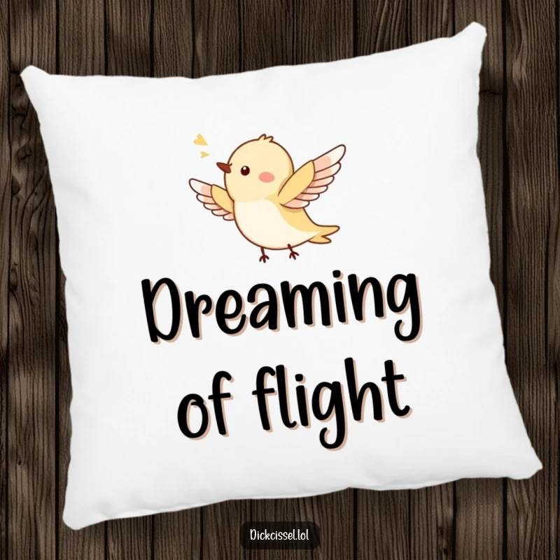 Funny pillow featuring a tiny, ecstatic bird in flight, wings outstretched, embodying cheerful freedom and comfort. Soft decor.