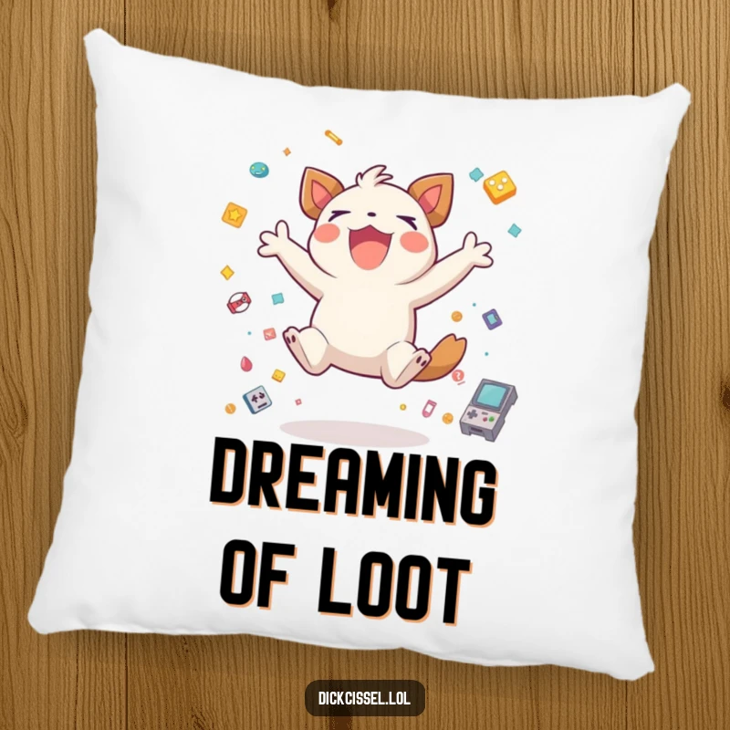 Funny creature jumping for joy, surrounded by game icons, on a soft pillow, bringing comfort and a gaming victory theme.