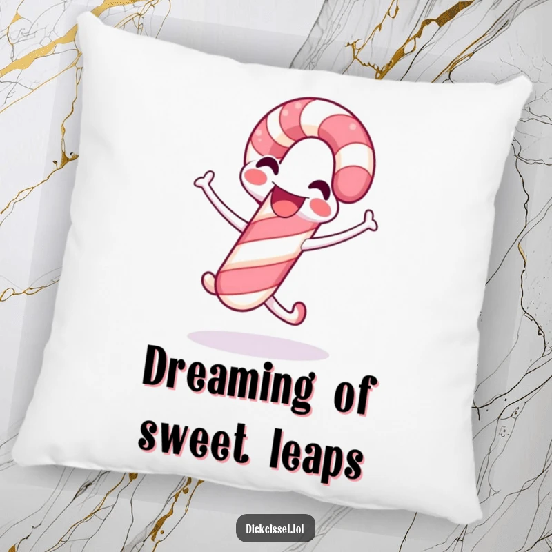 Funny candy cane pillow showcasing a smiling candy cane in a playful celebratory jump, designed to add festive comfort and cheer.