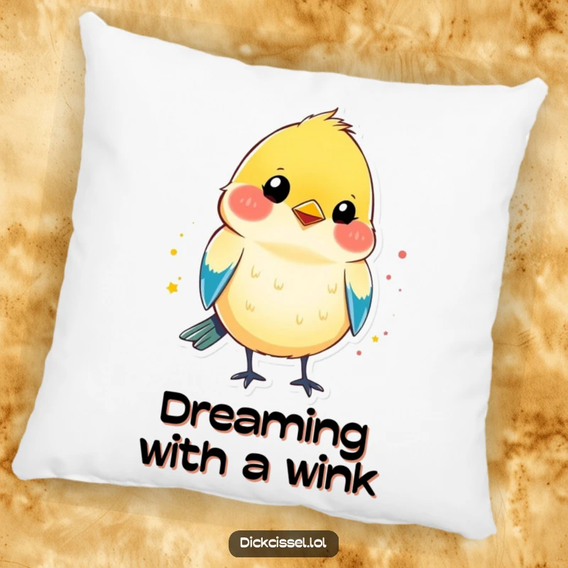 Funny decorative pillow featuring a colorful dickcissel bird shape with a bright splash of color, giving a playful wink.