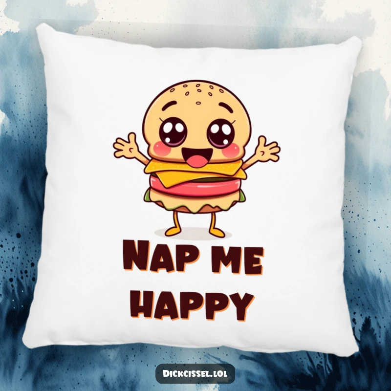 Funny burger character pillow, with googly eyes and flailing arms, for cozy fun.