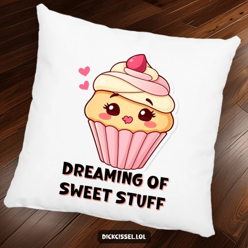 Funny Pillow adorned with a cute cupcake blowing a kiss of frosting, offering a soft and humorous decorative touch.