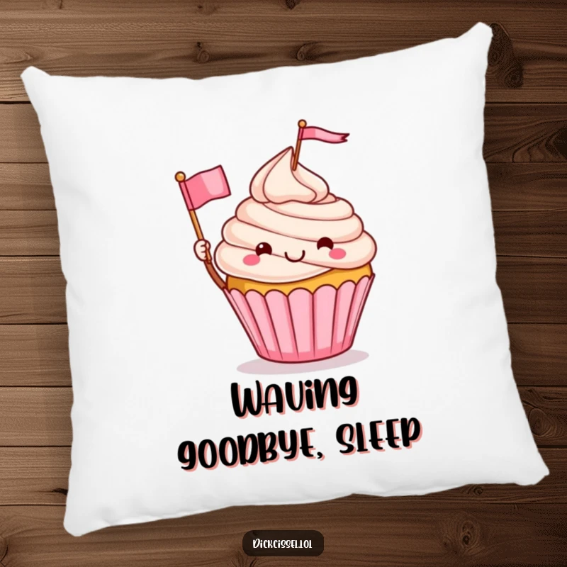 Funny decorative pillow with a plush cupcake character joyfully waving a small flag, offering comfort and a cheerful accent, a wonderful funny gift.