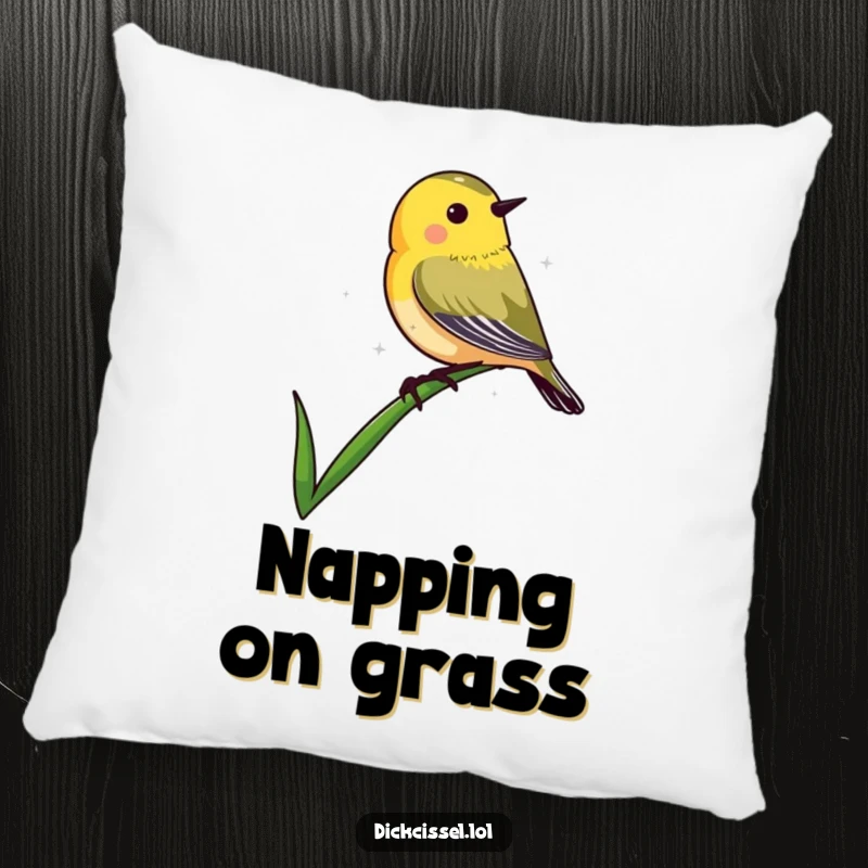 Funny decorative pillow showing a dickcissel bird shape resting gently on the apex of a blade of grass.